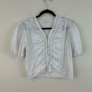 Yerse White Lace-Trim Puff Sleeve Top Blouse Button Front Size XS